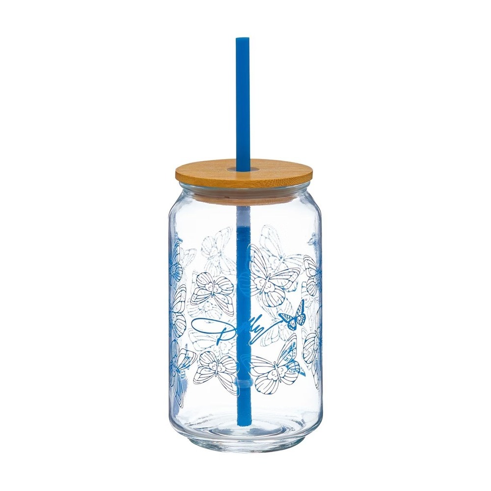 Dolly Parton Blue Butterfly NEW Glass Can Tumbler with Bamboo Lid and Straw 16oz
